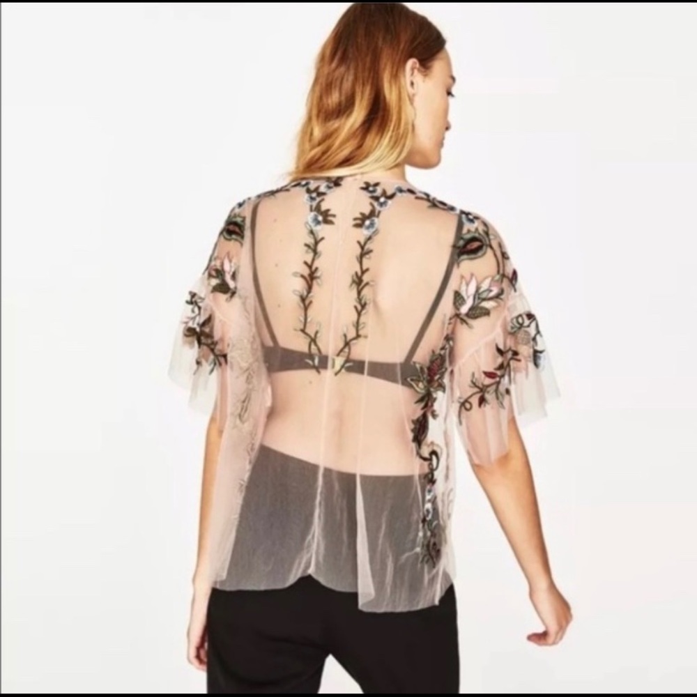 Dalia Blush Pink Mesh Floral Embroidered Sheer Top - Picture 2 of 8
